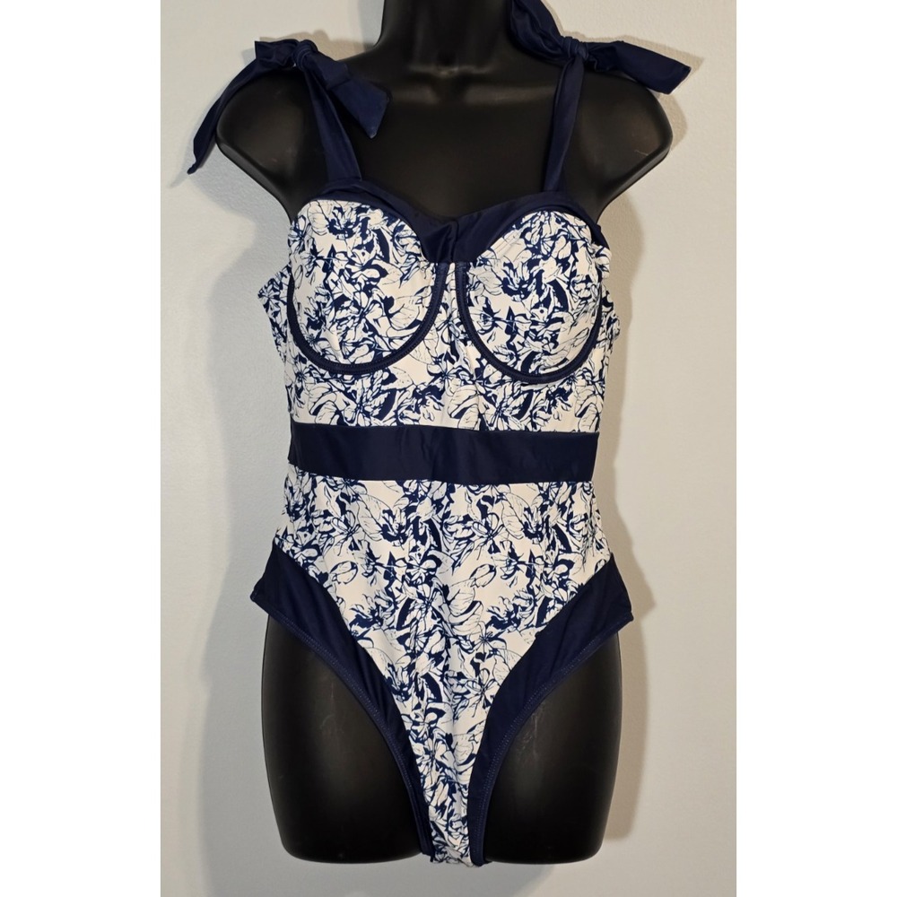 Women's Blue & White Floral Print Bathing Suit Size Large Tie Straps Beach Pool
